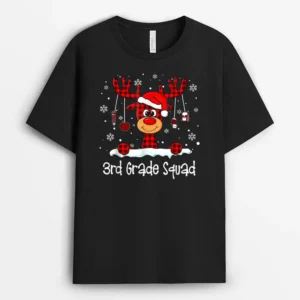 3rd Grade Squad Plaid Reindeer Santa Hat Teacher Christmas T-Shirt - Black