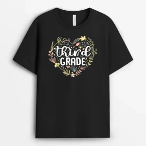 3rd Third Grade Floral Heart Back To School Teacher Girls T-Shirt - Black