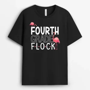 4th Grade Flock Pink Flamingo Squad Teacher Kid Fourth Grade T-Shirt - Black